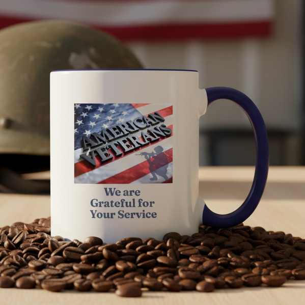 We Are Grateful For Our Veterans  11oz Contrast Coffee Mug - white/cobalt blue