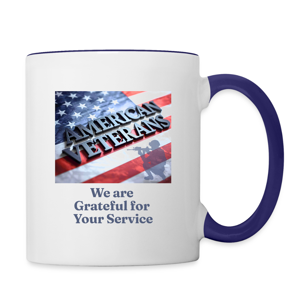 We Are Grateful For Our Veterans  11oz Contrast Coffee Mug - white/cobalt blue