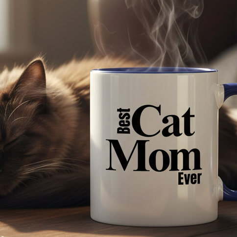Best Cat Mom Ever  11oz Contrast Coffee Mug - white/cobalt blue