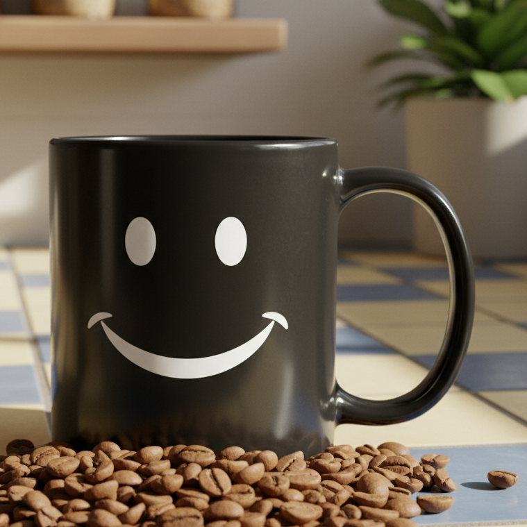 Smiley Face  11oz Black Ceramic Coffee Mug - black