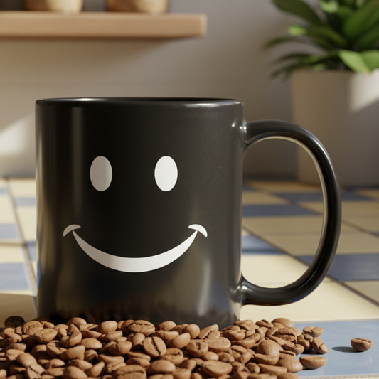 Smiley Face  11oz Black Ceramic Coffee Mug - black