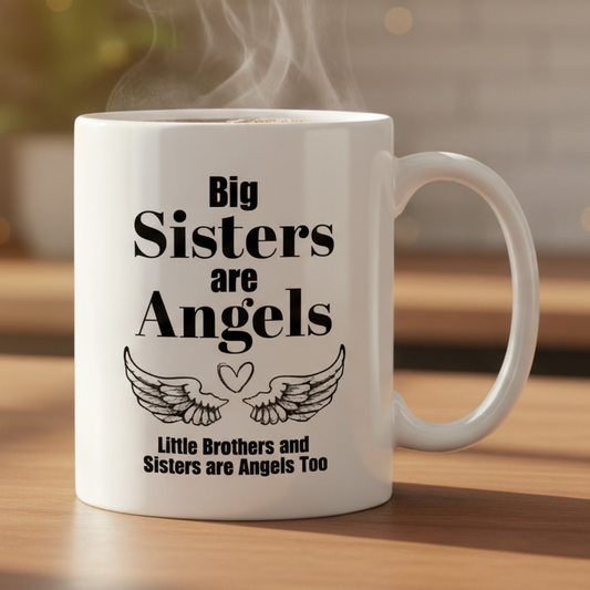 Big Sisters are Angels Little Brothers and  Sisters are Angels Too  11oz White Ceramic Coffee Mug - white