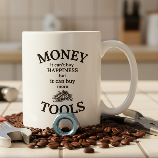 Money It Can't Buy Happiness But It Can Buy More Tools  11oz White Ceramic Coffee Mug - white