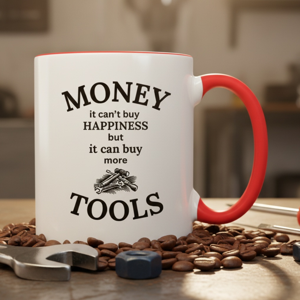 Money It Can't Buy Happiness But It Can Buy More Tools  11oz Contrast Coffee Mug - white/red