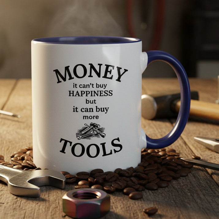 Money It Can't Buy Happiness But It Can Buy More Tools  11oz Contrast Coffee Mug - white/cobalt blue