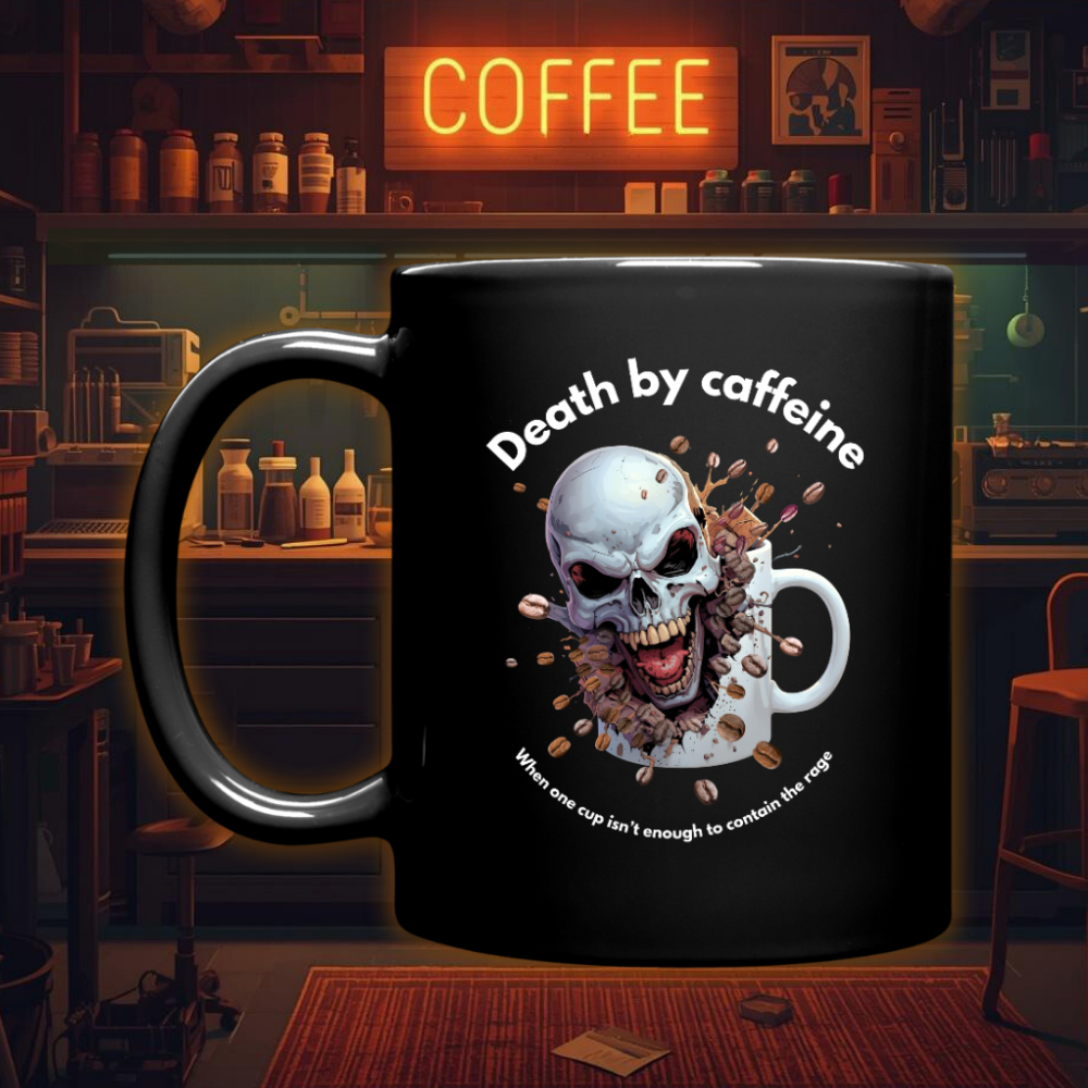 Death by caffeine • 11oz Black Ceramic Coffee Mug