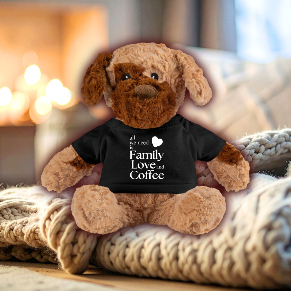 All We Need Is Family Love And Coffee -  Cute Fluffy Dog in a T-shirt